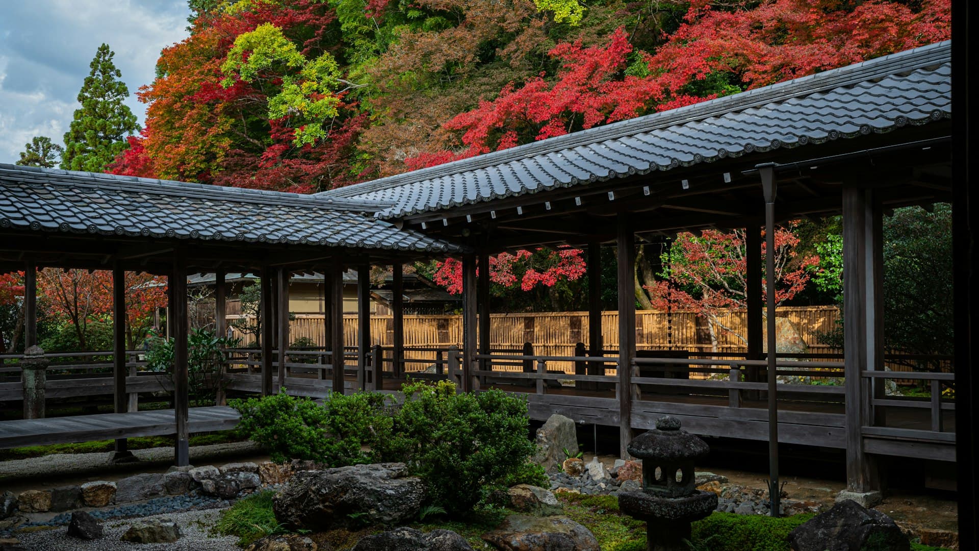 Paviliun kayu cokelat di antara pepohonan hutan Kyoto pada siang hari
