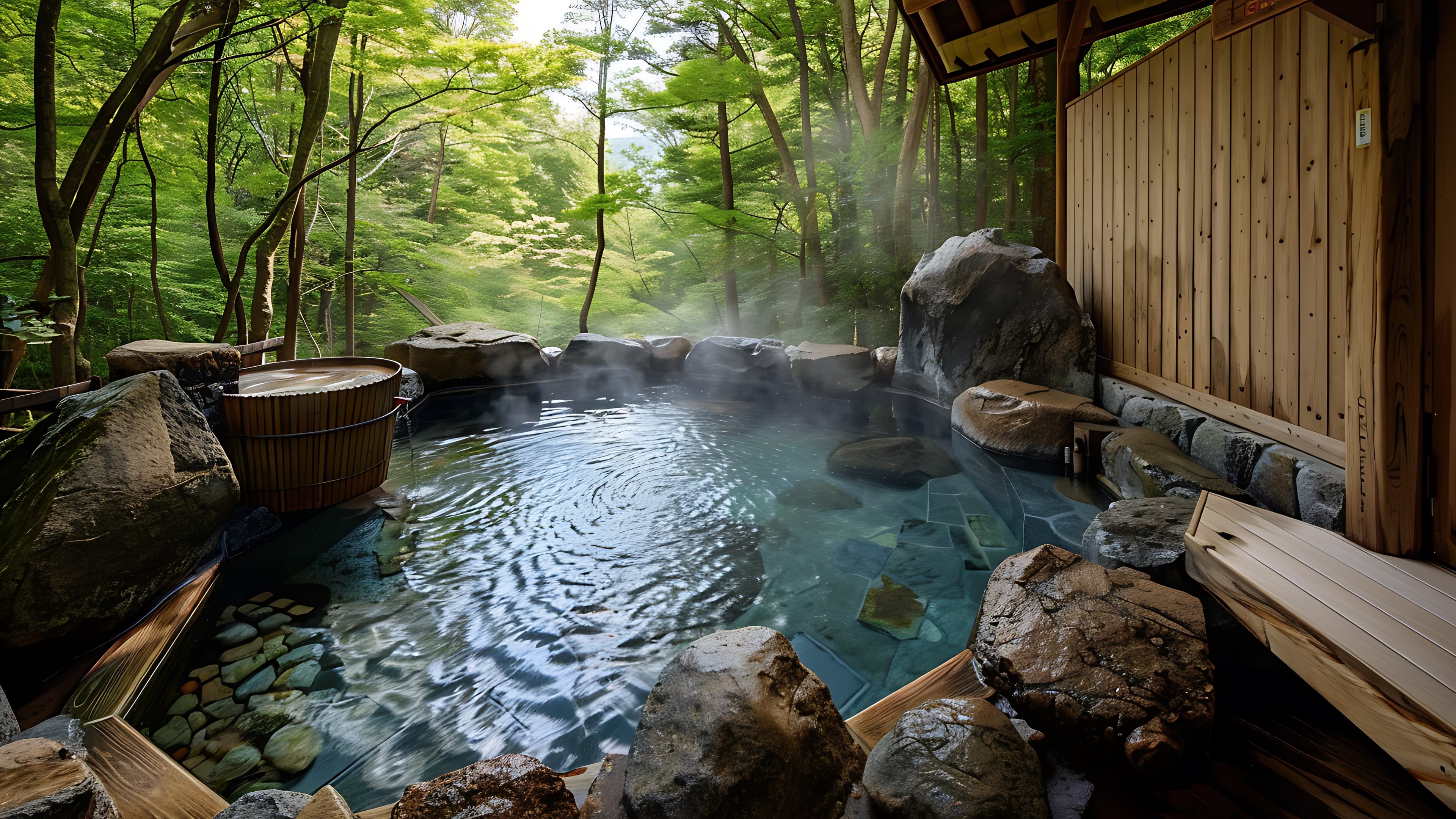 Traditional Japanese onsen surrounded by winter snow