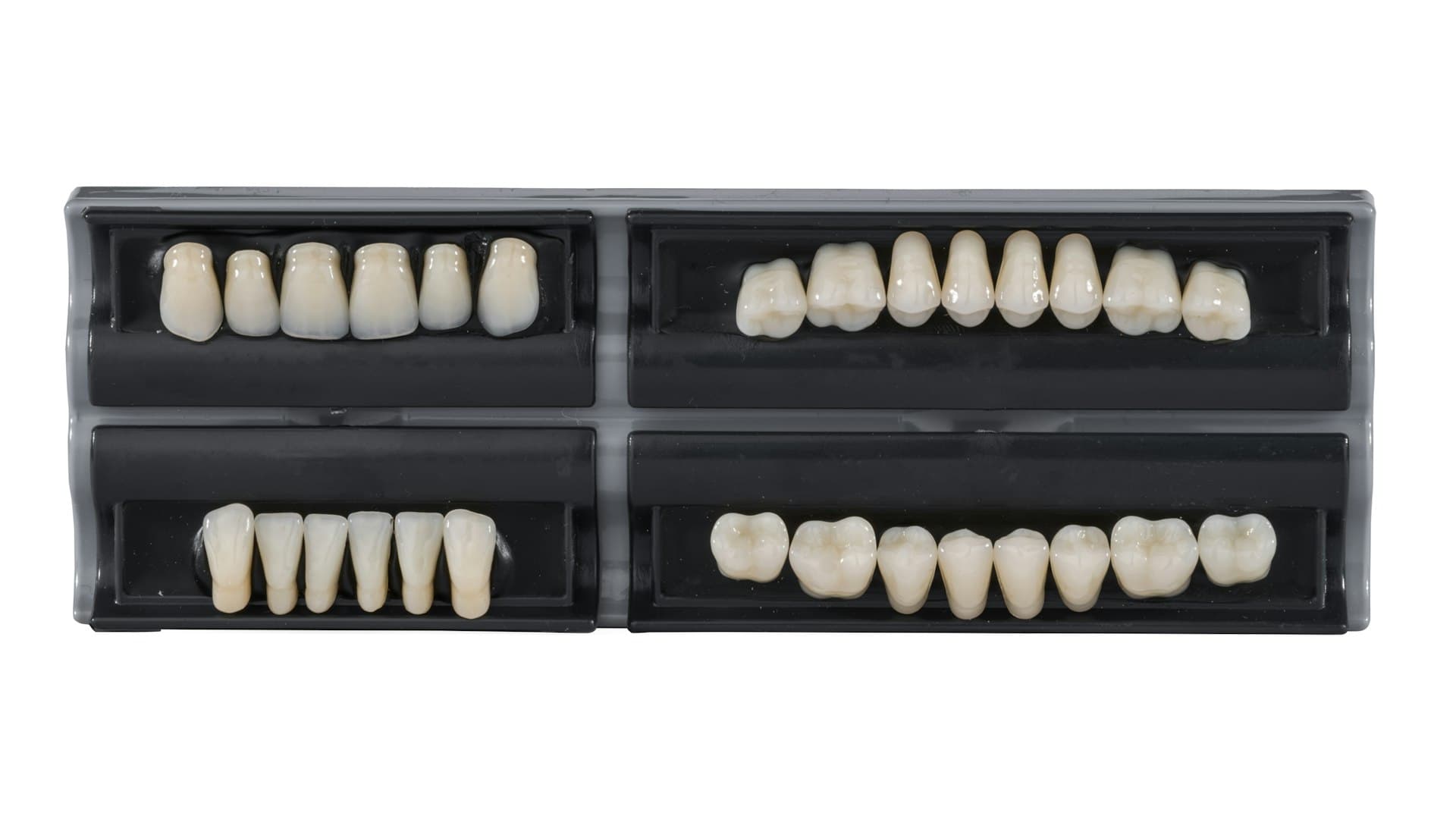 Empat set model gigi tiruan tersimpan rapi dalam wadah hitam di laboratorium dental