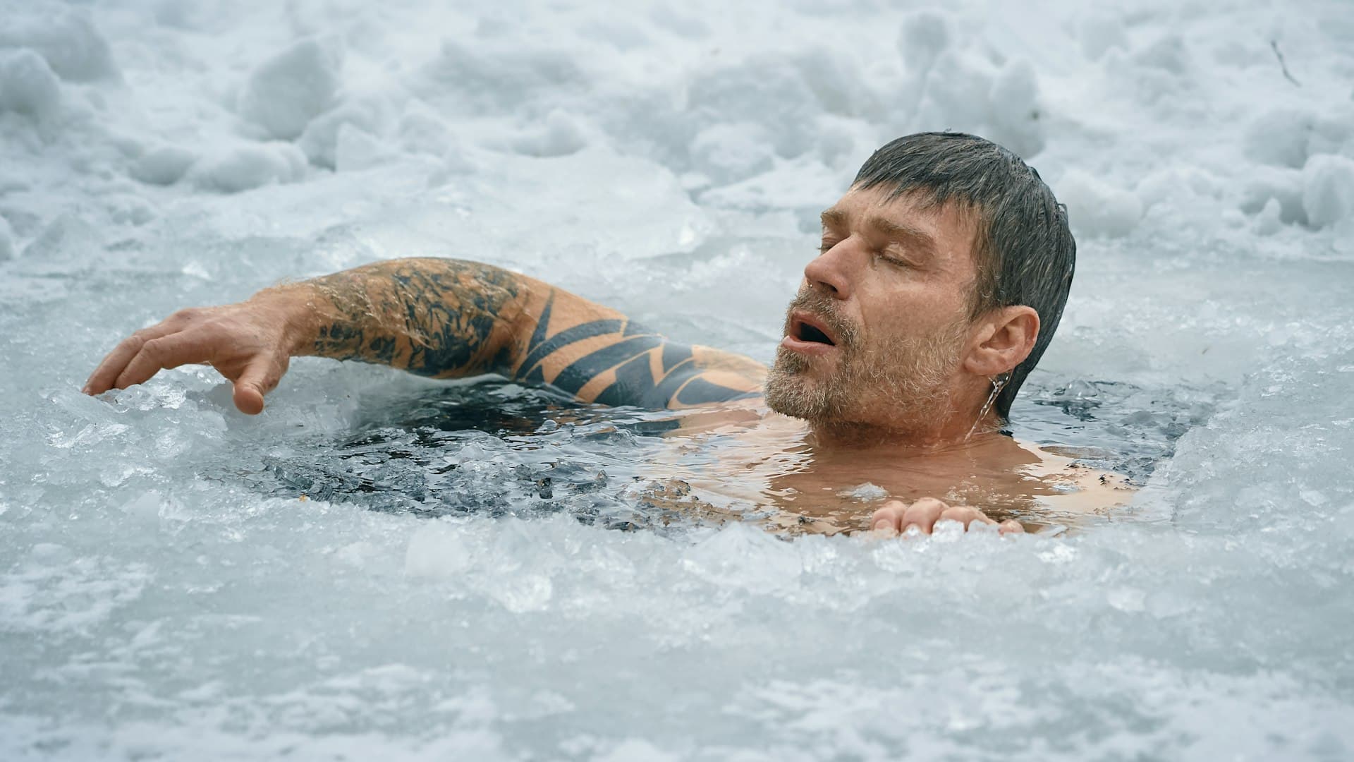 Seorang pria berenang di perairan beku, ritual cold plunge untuk pemulihan otot