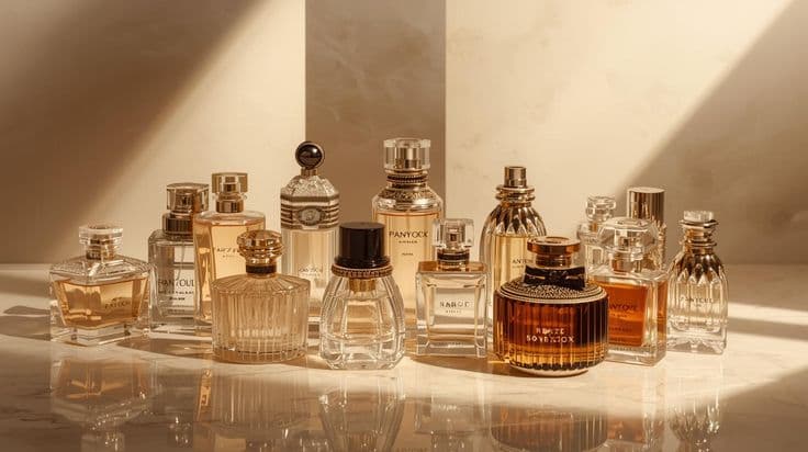 Botol parfum kaca bening yang elegan berdiri sederhana dengan cahaya lembut menerpanya