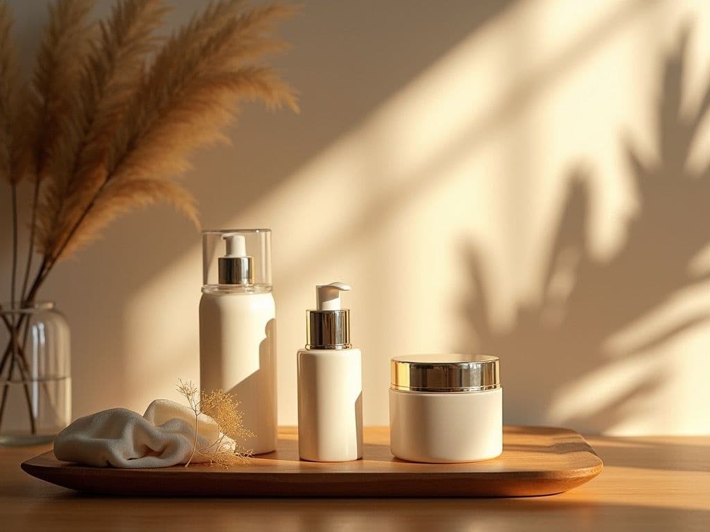 Botol skincare putih dan kuning tergeletak di atas kain putih, sederhana dan tenang