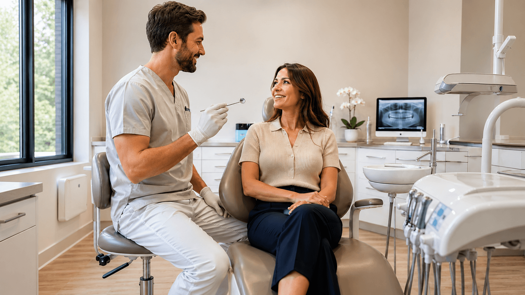Pemeriksaan gigi dengan kaca mulut dan alat dental, menilai garis gusi pasien
