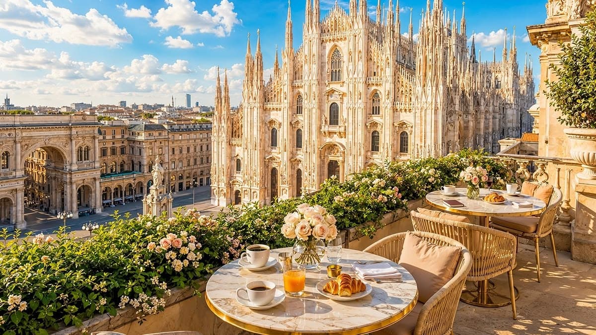Fasad katedral Milan menjulang difoto dari sudut rendah dengan detail gotiknya