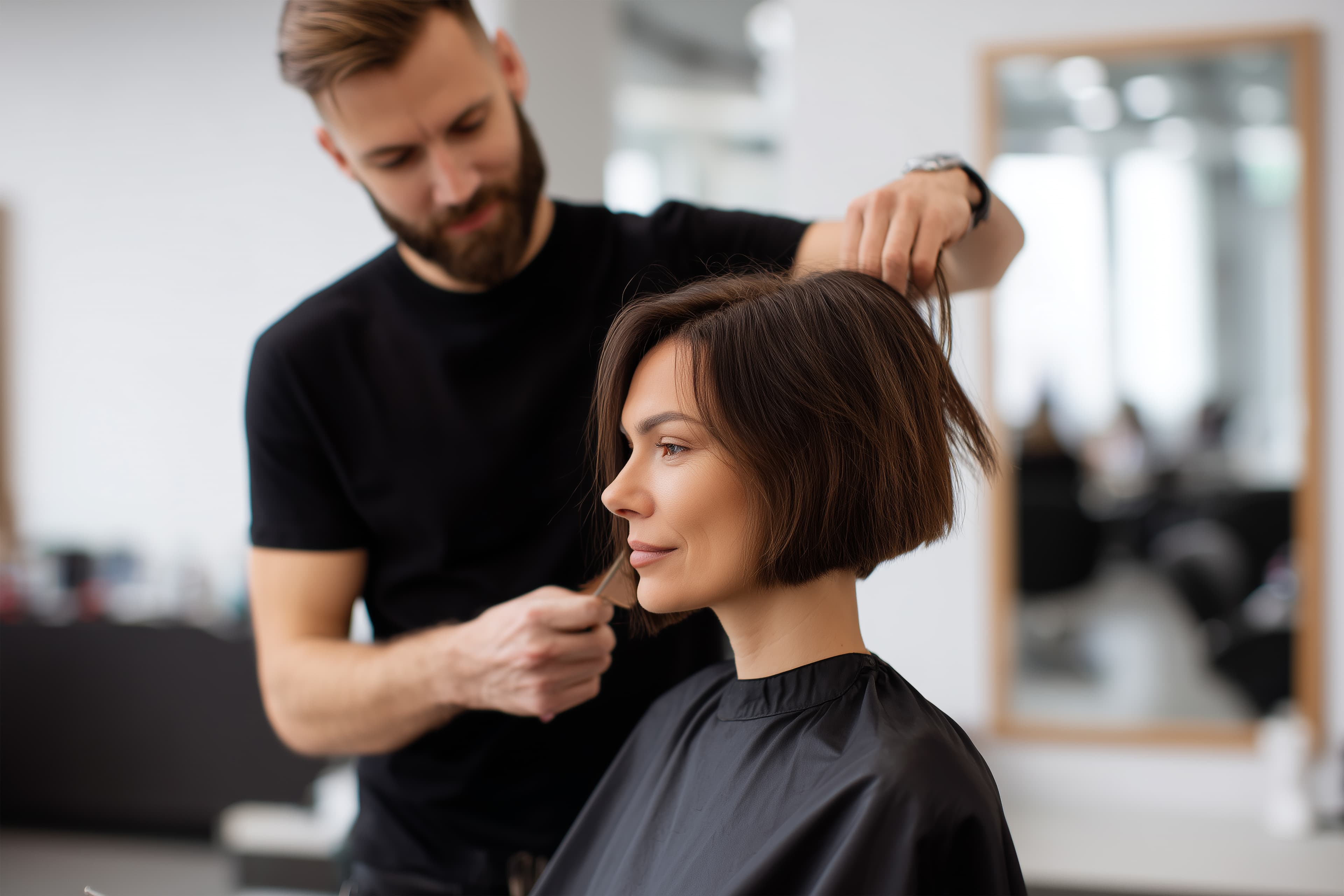 Perempuan berkemeja merah lengan panjang memegang hair dryer, bersiap menata potongan bob-nya