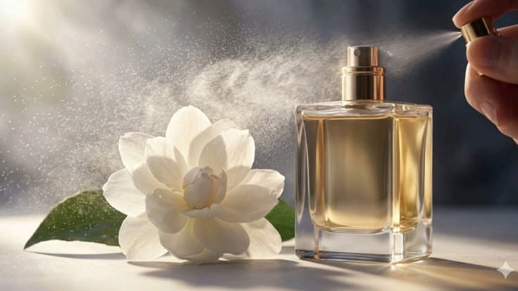 Botol parfum kaca bening berdampingan dengan kuntum bunga putih yang harum