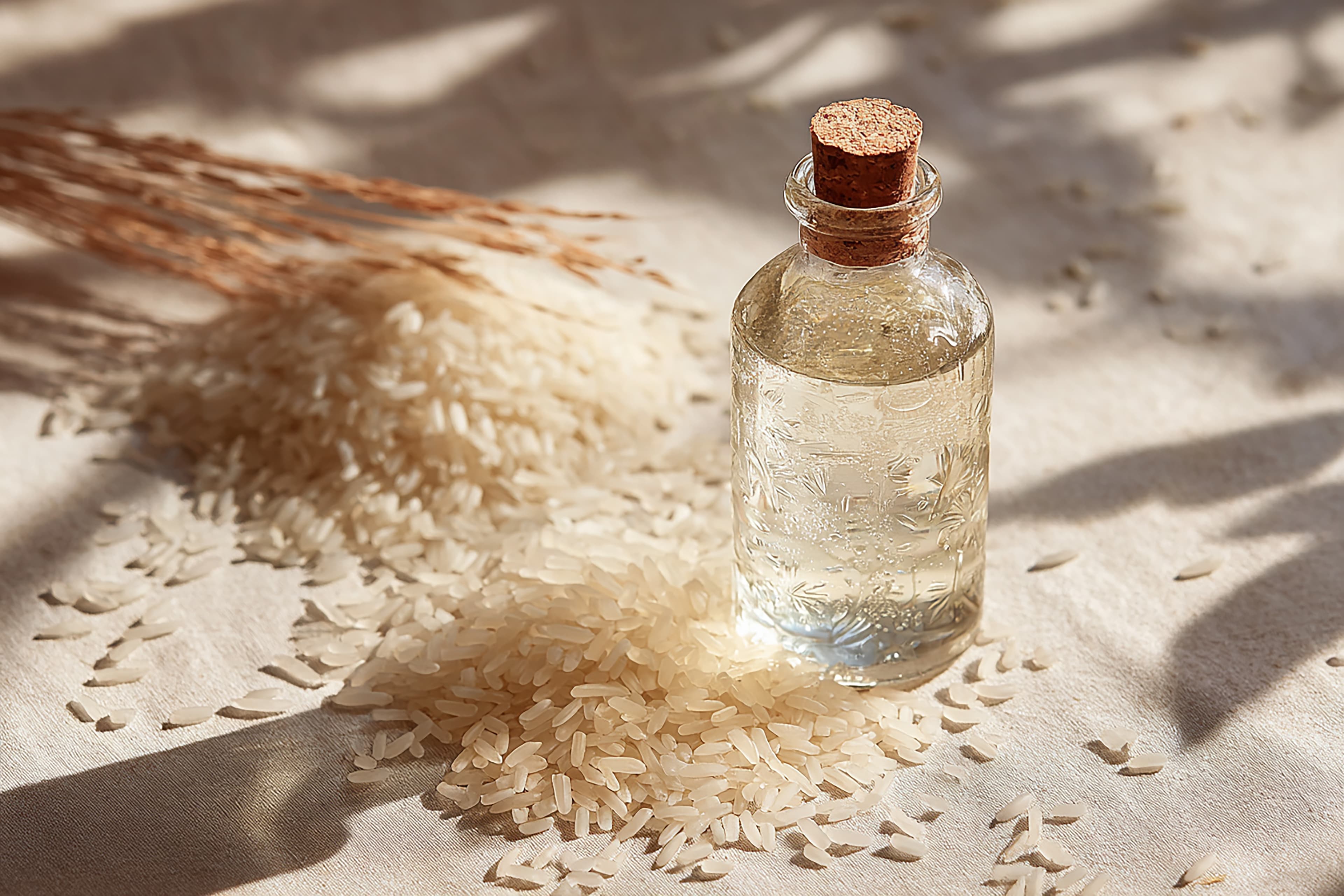Mangkuk putih berisi beras di atas meja kayu, bahan dasar ritual kecantikan klasik